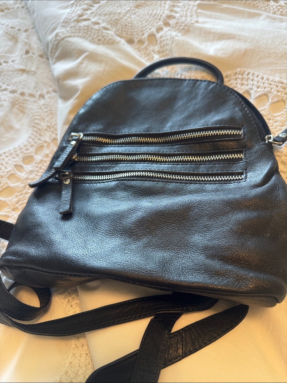 Women's Black Leather Backpack with Triple Zip Front